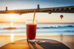 un' bicchiere di succo su un' tavolo con un' ponte nel il sfondo. ai-generato foto