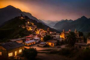 un' villaggio nel il montagne a tramonto. ai-generato foto
