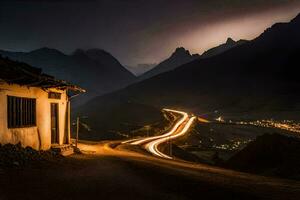 un' Casa e montagna strada a notte. ai-generato foto