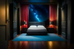 un' Camera da letto con un' letto e un' parete murale di il notte cielo. ai-generato foto