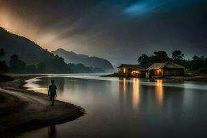 un' uomo passeggiate lungo il fiume a notte. ai-generato foto