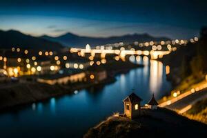 un' piccolo Chiesa su superiore di un' collina prospiciente un' fiume. ai-generato foto