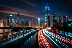 un' città orizzonte a notte con leggero sentieri. ai-generato foto