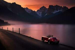 un' rosso gli sport auto è parcheggiata su il lato di un' lago a tramonto. ai-generato foto