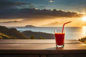 un' bicchiere di succo su un' tavolo con un' Visualizza di il mare e montagne. ai-generato foto