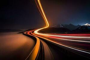 un' lungo esposizione fotografia di un' autostrada a notte. ai-generato foto