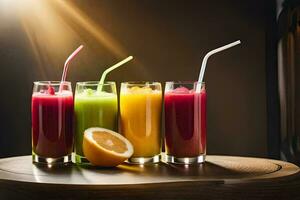 quattro bicchieri di succo con cannucce su un' tavolo. ai-generato foto