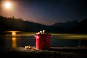 un' secchio di Popcorn su un' roccia di un' lago a notte. ai-generato foto