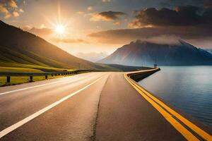 un' strada con un' lago e montagne nel il sfondo. ai-generato foto