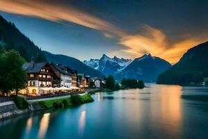 un' bellissimo tramonto al di sopra di un' lago e montagne. ai-generato foto