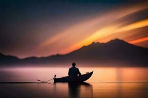 un' uomo nel un' barca a tramonto. ai-generato foto