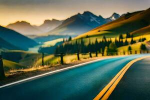 un' strada nel il montagne con un' tramonto. ai-generato foto