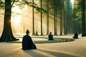 tre persone seduta nel meditazione nel il mezzo di un' foresta. ai-generato foto