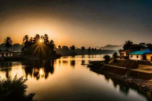 il sole imposta al di sopra di un' fiume nel India. ai-generato foto