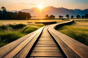 un' di legno passerella conduce per il montagne a tramonto. ai-generato foto