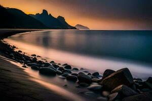 un' lungo esposizione fotografia di un' spiaggia a tramonto. ai-generato foto