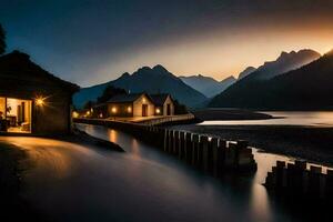 foto sfondo il cielo, montagne, acqua, il lago, il Casa, il montagne, il. ai-generato