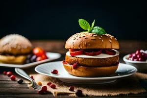 un' Hamburger con frutti di bosco e un' fetta di formaggio. ai-generato foto