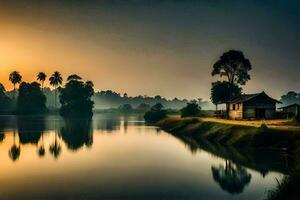 un' Casa si siede su il banca di un' fiume a tramonto. ai-generato foto