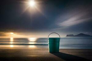 un' secchio su il spiaggia a tramonto. ai-generato foto