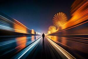 un' uomo passeggiate giù il strada a notte con fuochi d'artificio nel il sfondo. ai-generato foto