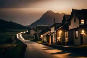 un' lungo esposizione foto di un' strada nel il mezzo di un' villaggio. ai-generato