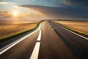 un vuoto strada nel il deserto con il sole ambientazione dietro a esso. ai-generato foto