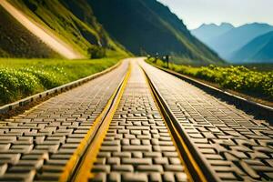 un' lungo strada con un' treno traccia nel il mezzo. ai-generato foto