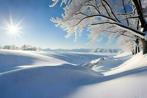 neve coperto alberi e il sole splendente al di sopra di un' nevoso paesaggio. ai-generato foto