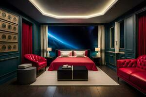 un' Camera da letto con rosso divani e un' letto. ai-generato foto