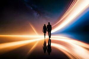 un' coppia a piedi nel il buio con leggero sentieri. ai-generato foto