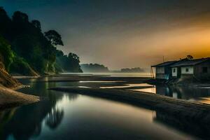 un' Casa si siede su il riva di un' fiume a tramonto. ai-generato foto