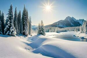 neve coperto alberi e un' fiume nel il montagne. ai-generato foto