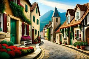 un' pittura di un' strada con case e fiori. ai-generato foto