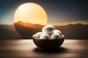 uova nel un' ciotola su un' tavolo con un' tramonto nel il sfondo. ai-generato foto
