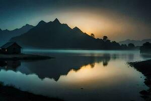 un' lago e un' Casa nel il montagne. ai-generato foto