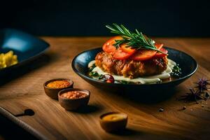 un' piatto di cibo con carne e verdure su esso. ai-generato foto