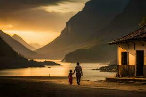 un' uomo e un' bambino a piedi in direzione un' Casa a tramonto. ai-generato foto