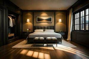 un' Camera da letto con un' letto, guardaroba e di legno piani. ai-generato foto
