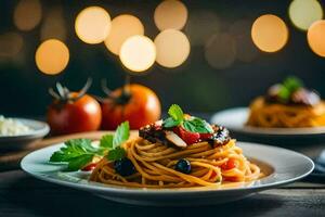 spaghetti con pomodoro salsa e formaggio su un' piatto. ai-generato foto