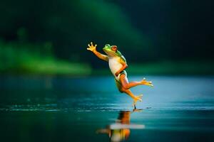 un' rana salto in il acqua. ai-generato foto