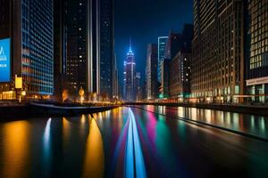 un' città a notte con luci su il acqua. ai-generato foto