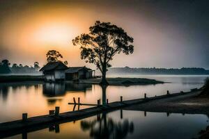 un' Casa si siede su il bordo di un' lago a Alba. ai-generato foto