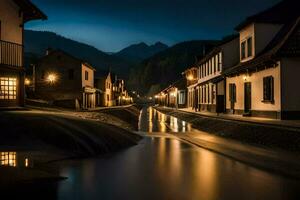 foto sfondo il notte, acqua, case, montagne, il notte, il città, il notte. ai-generato