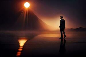 un' uomo nel un' completo da uomo sta nel davanti di un' montagna a tramonto. ai-generato foto