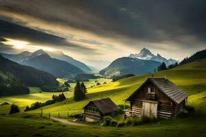 il sole sorge al di sopra di il montagne nel il sfondo. ai-generato foto