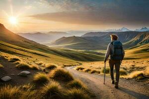 un' uomo con zaino e il trekking poli a piedi su un' sporco strada nel il montagne. ai-generato foto