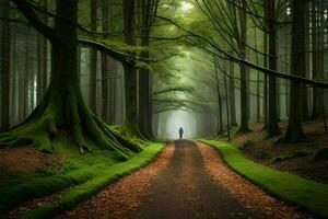 un' uomo passeggiate giù un' sentiero nel il mezzo di un' foresta. ai-generato foto