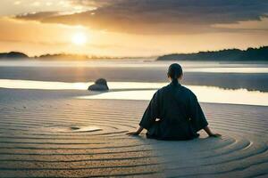 un' donna si siede nel meditazione su il spiaggia a tramonto. ai-generato foto