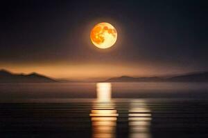 il pieno Luna sorge al di sopra di il oceano. ai-generato foto
